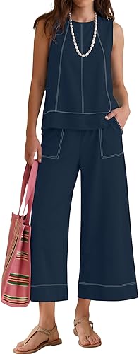 Two Piece Sets for Women Summer Outfits Sleeveless Tank Tops Wide Leg Crop Pants Matching Lounge Vacation Travel