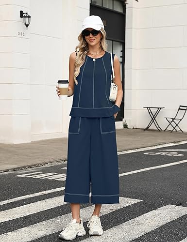 Two Piece Sets for Women Summer Outfits Sleeveless Tank Tops Wide Leg Crop Pants Matching Lounge Vacation Travel